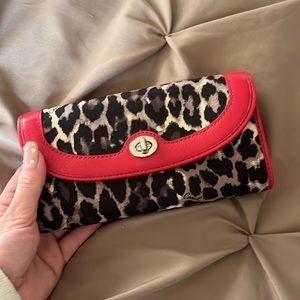 Coach Red Leather and Cheetah Print Clutch Bag
